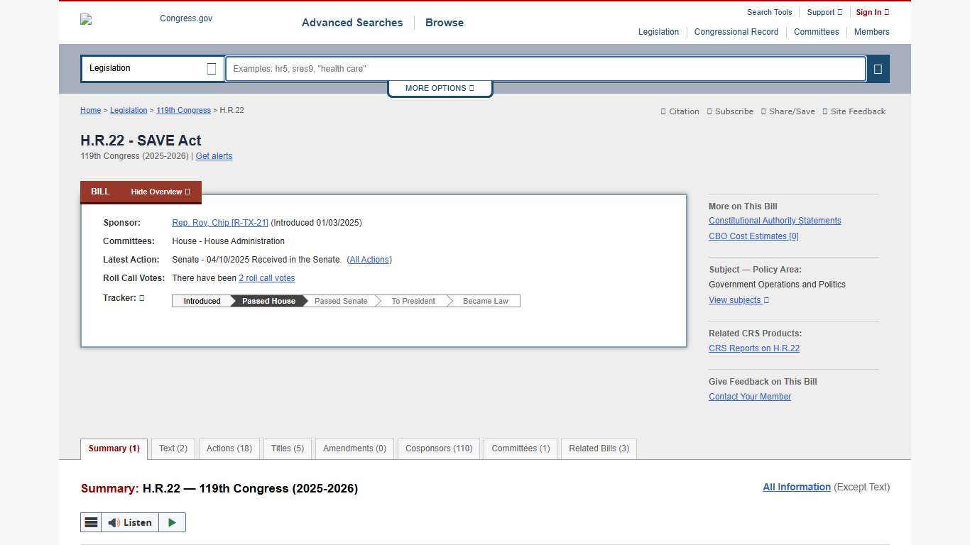 H.R.22 - 119th Congress (2025-2026): SAVE Act Congress.gov Library of Congress